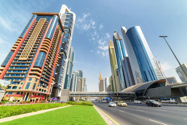 Awesome bottom view of skyscrapers at downtown of Dubai, UAE — Stock Photo, Image