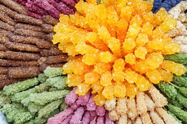 Top view of colored rock candies. Persian crystallized sugar — Stock Photo, Image