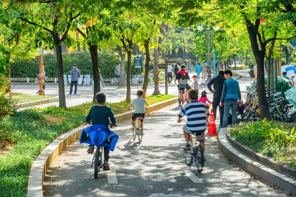 Korean families resting and walking along green park, Seoul Stock Picture