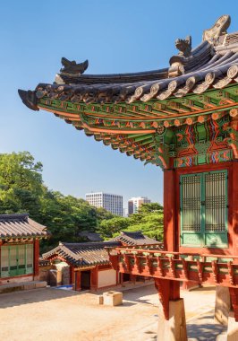 Changdeokgung Sarayı'nda renkli binaların Awesome görünümü