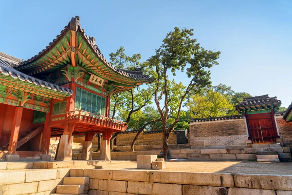 Dvorek a pestrá budova paláce Changdeokgung, Soul — Stock fotografie