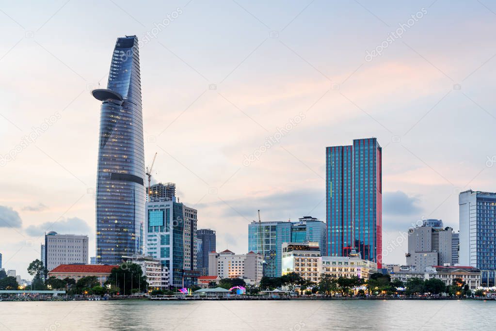 Ho Chi Minh City skyline and the Saigon River at sunset