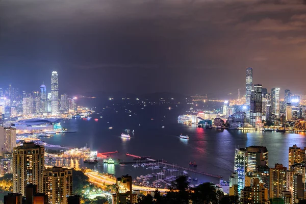Magnífica Vista Aérea Nocturna Victoria Harbor Hong Kong Impresionante Paisaje — Foto de Stock