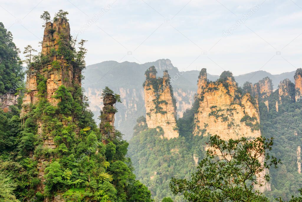 Fabulous view of natural quartz sandstone pillars of the Tianzi Mountains (Avatar Mountains) in the Zhangjiajie National Forest Park, Hunan Province, China. Awesome landscape.