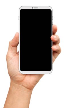 Eller, beyaz arka planda izole edilmiş küçük bir bezel akıllı telefon tutuyor.