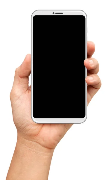 Handen Houden Een Kleine Bezels Smart Phone Geïsoleerd Witte Achtergrond — Stockfoto