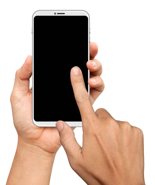 Mãos Estão Segurando Tocando Pequeno Bezels Telefone Inteligente Isolado Fundo — Fotografia de Stock
