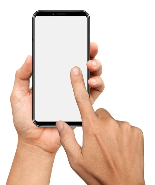 Mani Stanno Tenendo Toccando Piccolo Bezels Smart Phone Isolato Sfondo — Foto Stock
