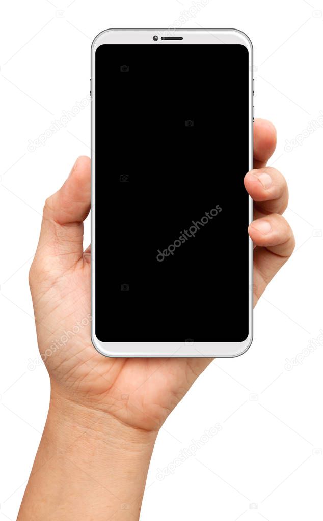 hands are holding a small bezels Smart Phone Isolated on white background