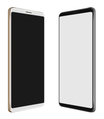 3D resimde siyah Smartphone ve beyaz Smartphone ile büyük ekran üzerinde beyaz izole