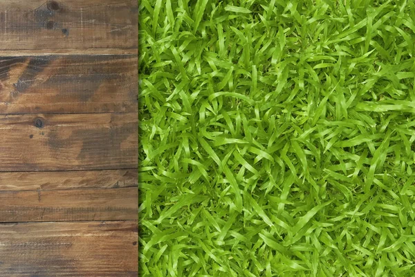 Wooden Floor Green Grass Texture Background — Stock Photo, Image