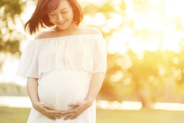 Pregnant Woman Touching Her Big Belly Walking Park — Stock Photo, Image