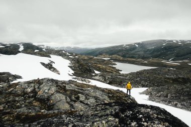 Karlı dağları olan tipik Norveç manzarası