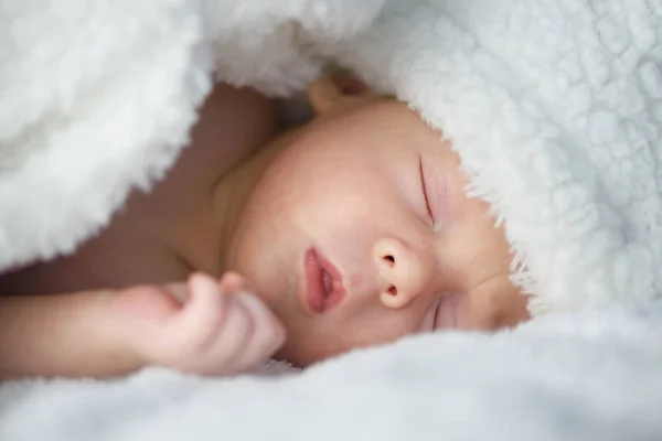 Pasgeboren babyjongen op witte tapijt closeup — Stockfoto