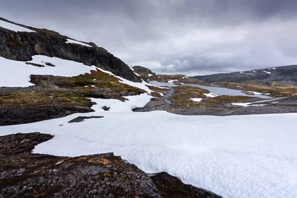 Karlı dağları olan tipik Norveç manzarası
