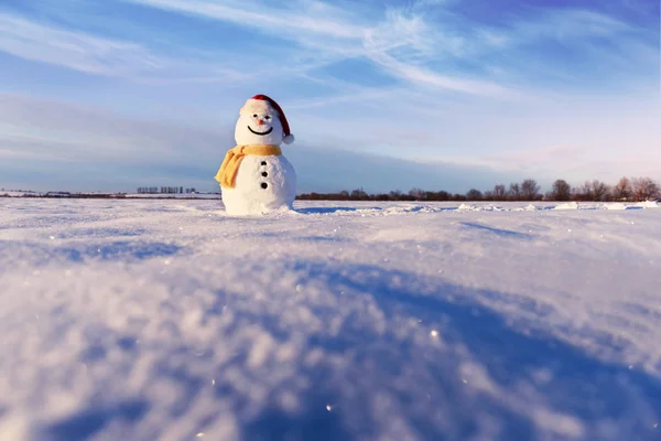 戴着红帽子的雪人真有趣 — 图库照片