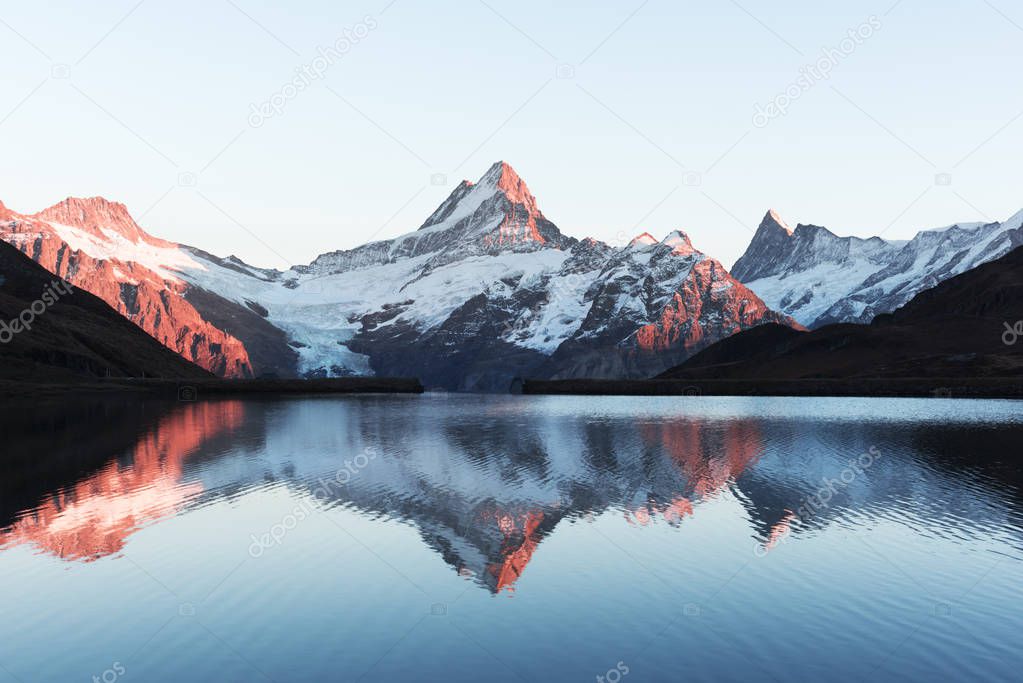 Picturesque view on Bachalpsee lake in Swiss Alps mountains
