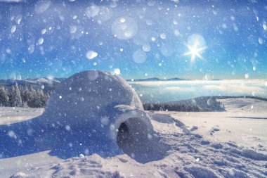 Kışın Karpat Dağları 'nda gerçek bir eskimo evi.