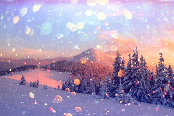 Fantastic Orange Winter Landscape Snowy Mountains Glowing Sunlight Dramatic Wintry — Stock Photo, Image