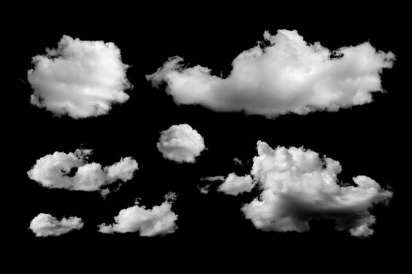 Set of different clouds isolated on black background