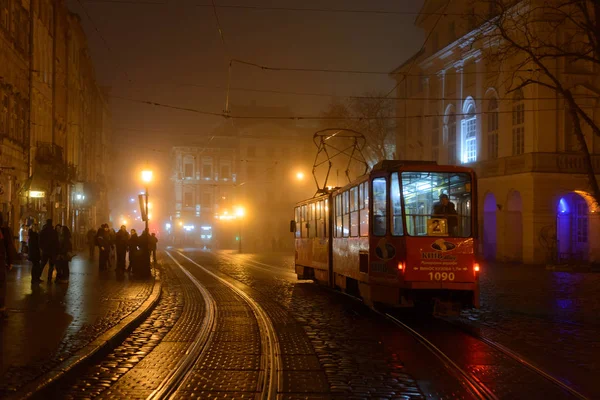 Tram on Market square in winter time — Stock Photo, Image