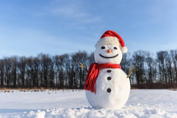 Kırmızı şapkalı komik kardan adam. — Stok fotoğraf