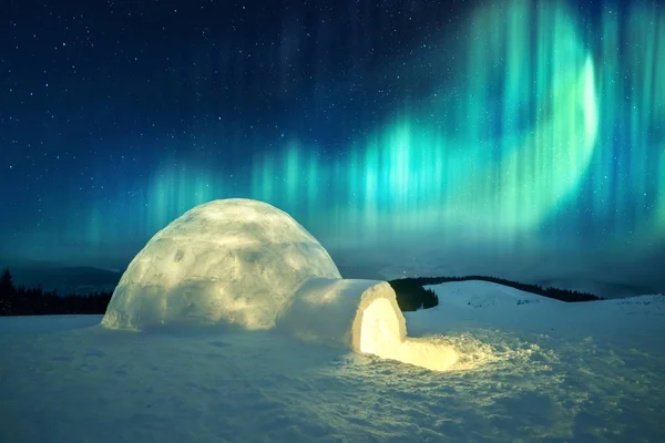 Parlayan kutup ışıkları ve karlı igloo ile kış sahnesi — Stok fotoğraf