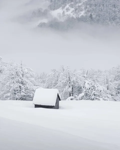 Fantastische Landschaft mit verschneitem Haus — Stockfoto