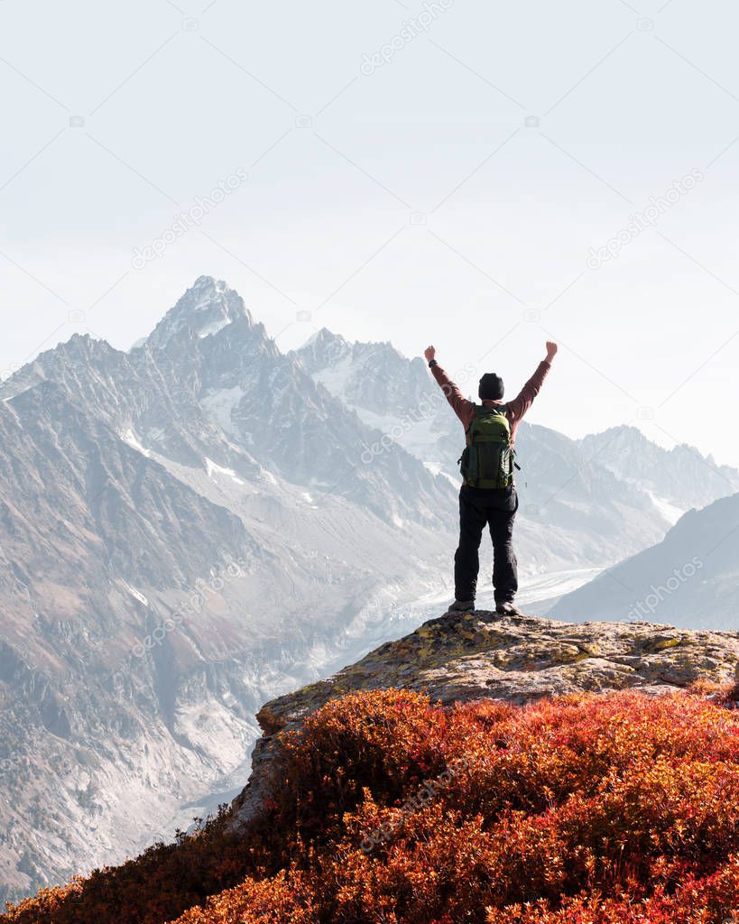 Amazing view on Monte Bianco mountains range with tourist on a foreground