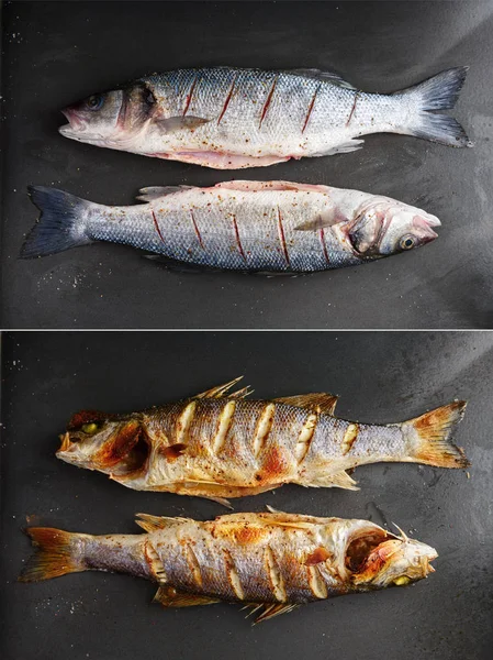검은 접시에 생 및 구운 농어 생선 — 스톡 사진