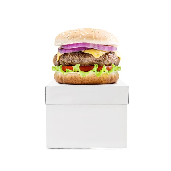 Hamburger cheeseburger burger on white box isolated — Stock Photo, Image