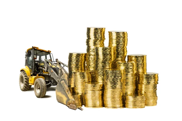 Gelbe Planierraupe harkt einen großen Haufen Goldmünzen — Stockfoto