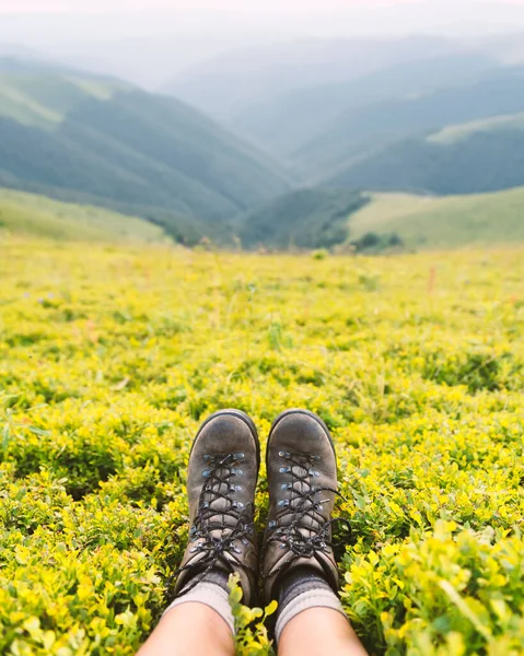 Botas de turista solitário em arbustos de mirtilo exuberantes — Fotografia de Stock