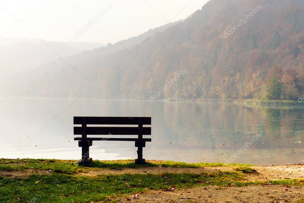 Morning fog on amazing Plitvice lake