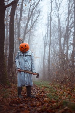 Balta ve oyulmuş balkabağı kafasıyla korkuluğu avlamak sisli sonbahar ormanlarında öylece duruyor. Pelerin ve sis esrarengiz Cadılar Bayramı sahnesini ve korku atmosferini daha da güçlendiriyor.