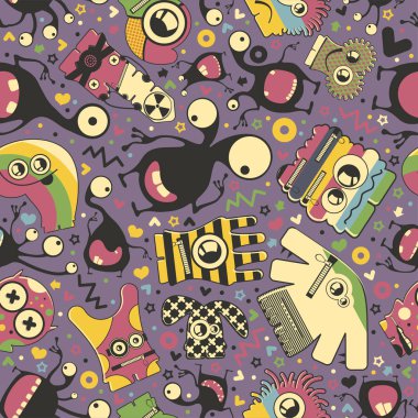 Komik canavarlar - Dikişsiz desen. Şirin renk canavarlar. karikatür çizim