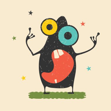 Retro grunge arka plan üzerinde duygularla sevimli siyah canavar. Komik karakter. Karikatür çizim