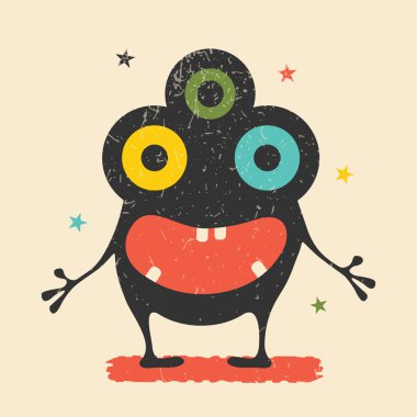 Retro grunge arka plan üzerinde duygularla sevimli siyah canavar. Komik karakter. Karikatür çizim