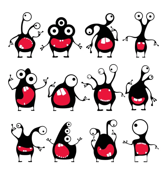 Set Twelve Cute Black Monsters Different Emotions Isolated White Cartoon — Stock Vector