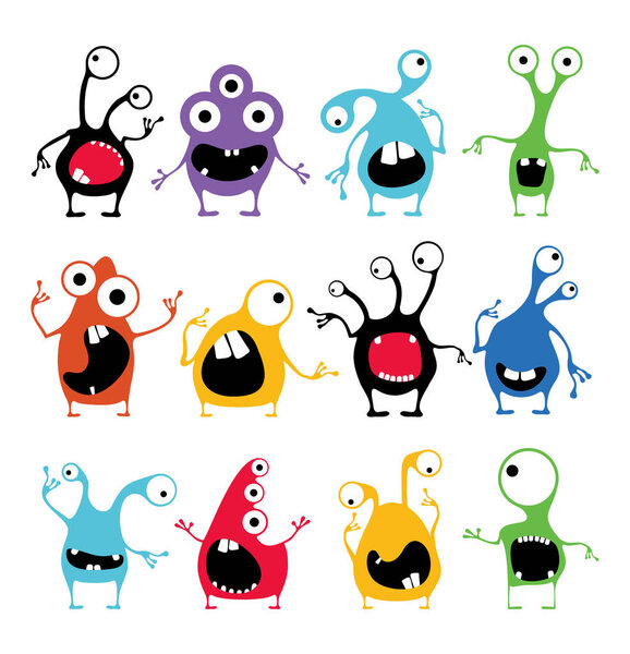 Set of twelve cute color monsters with different emotions isolated on white. cartoon illustration