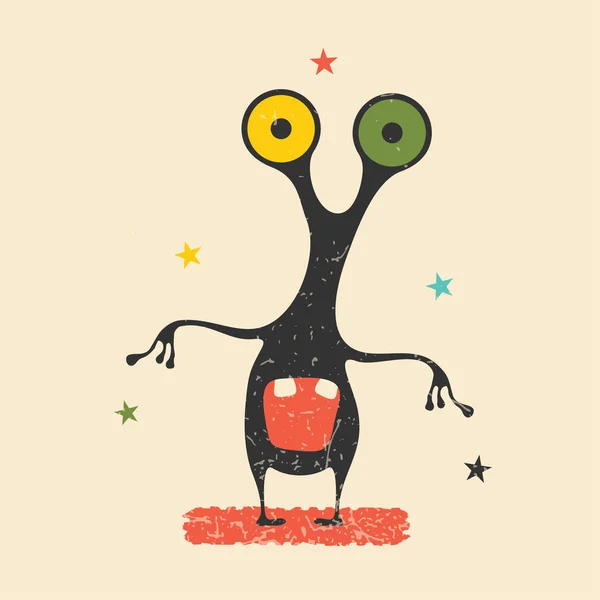 Monstruo Negro Lindo Con Emociones Sobre Fondo Grunge Retro Personaje — Vector de stock