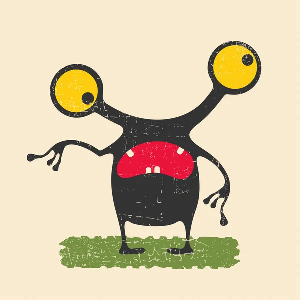 緑の芝生の上に立って黄色の目を持つ幸せなモンスター グランジ背景にかわいいエイリアン 漫画イラスト — ストックベクタ