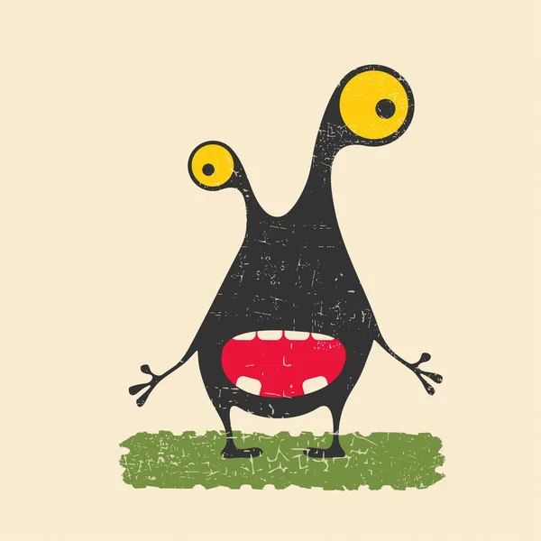 緑の芝生の上に立って黄色の目を持つ幸せなモンスター グランジ背景にかわいいエイリアン 漫画イラスト — ストックベクタ