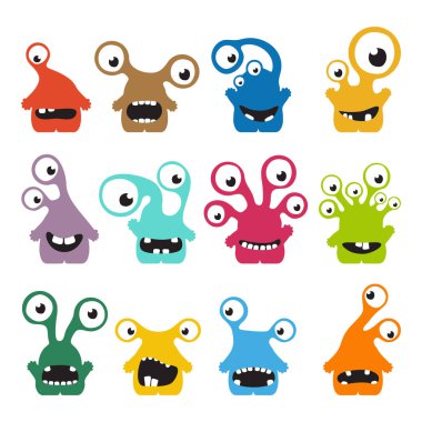 on iki şirin renk canavar üzerinde beyaz izole duygularla kümesi