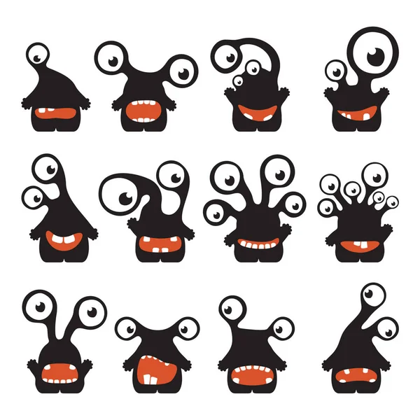 Set Twelve Cute Black Monster Emotions Isolated White — Stock Vector