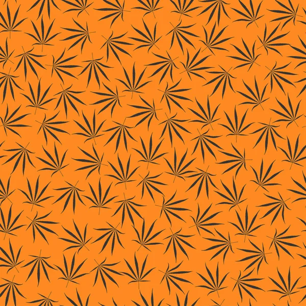 Feuilles Cannabis Noir Sur Fond Orange Modèle Sans Couture — Image vectorielle