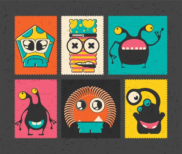 異なる色の背景上おかしいモンスター レトロな郵便の切手のセット 漫画イラスト ベクトル ステッカー — ストックベクタ