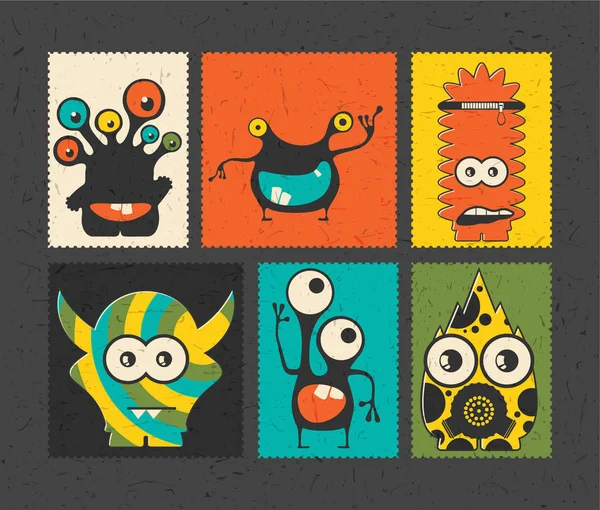 一套六复古邮票与有趣的怪物在不同的颜色背景 卡通插图 矢量贴纸 — 图库矢量图片