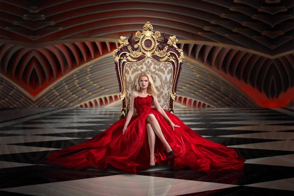 Woman Luxurious Gown Dress Sitting Queen Throne — Stock Photo, Image