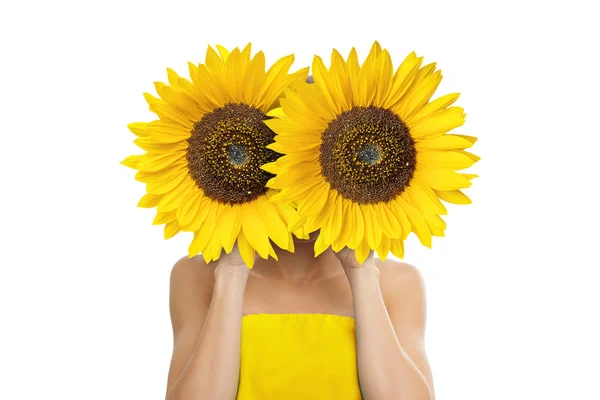 Hermosa Joven Con Girasol Sus Manos Aisladas Sobre Fondo Blanco — Foto de Stock